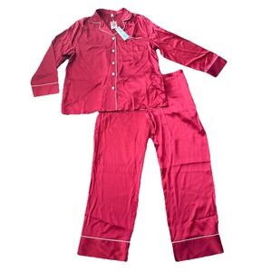 Mommesilk 100% Mulberry Silk Piped Pajama Set Womens XL Red NWT Long Sleeve